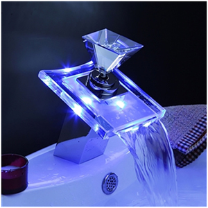 LED Light Waterfall Bathroom Sink Mixer Tap Glass Brass Chrome Faucet